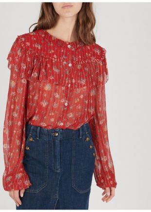 CHEMISE COL ROND À VOLANTS IMPRIMÉE AVEC FILS MÉTALLISÉS RED