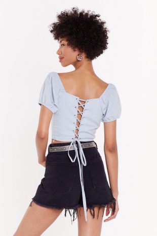 Lace-Up the Stakes Linen Cropped Blouse