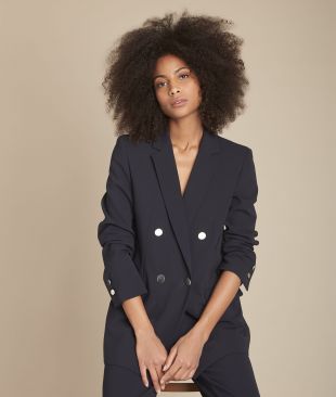 Veste marine longue croisée microfibre