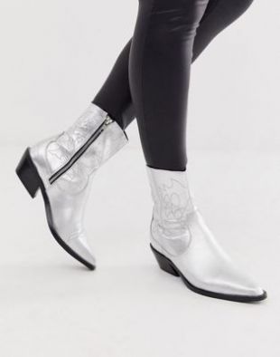ASOS DESIGN - Autumnal - Bottines en cuir style cowboy - Argenté | ASOS