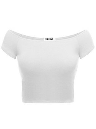 HUHOT Womens Basic Short Sleeve Off-Shoulder Short Cami Crop Tank Top Medium White