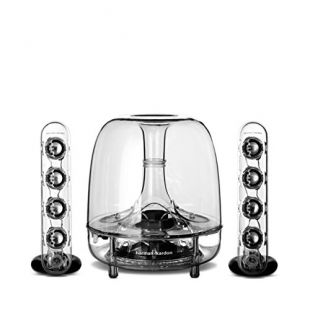 Harman/Kardon Soundsticks III Sistema di altoparlanti wireless per Desktop, 2 altoparlanti satellitari, Subwoofer, per Dispositivi con Compatibilità Aux da 3,5 mm, Trasparente