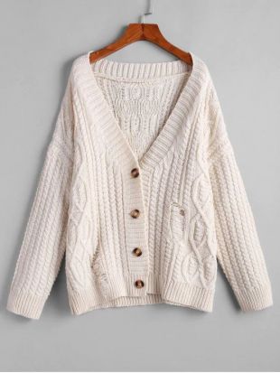 ZAFUL Cardigan Epais Boutonné en Tricot à Câble en Couleur Unie   WARM WHITE