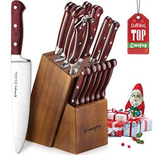 Emojoy Bloc de Couteaux, 15 Pièces Set Couteaux de Cuisine, Ensemble de Couteaux Professionnels, Couteaux de Chef avec Bloc en Bois, Allemand Acier Inoxydable, Support en Bois pour la Cuisine
