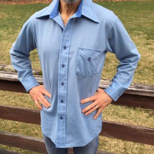 70s Van Heusen Wide Collar Polyester Disco Oxford Button Down Shirt Long Sleeve Light Blue Semi Sheer Size Large 16 16 1/2 Mens Shirt