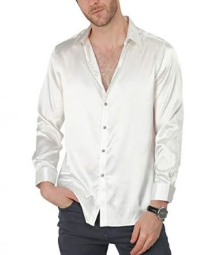 VICALLED Men's Satin Luxury Dress Shirt Slim Fit Silk Casual Dance Party Long Sleeve Fitted Wrinkle Free Tuxedo Shirts White