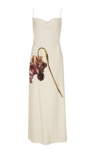 Draped Floral Print Habotai Silk Slip Dress