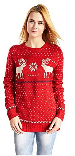 v28 Women's Christmas Reindeer Snowflakes Sweater Pullover (Tag M (US Size 8), Red-B)