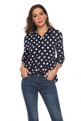 SHENGYI Women's Casual V Neck Long Sleeve Polka Dot Business Office Shirt Blouse Tops Navy Blue XX-Large