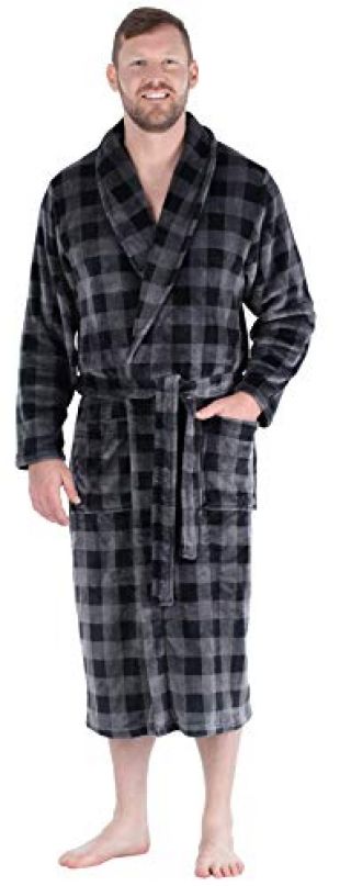 PajamaMania Men's Plush Long Sleeve Fleece Long Bathrobe, Grey and Black Plaid (PM2401-2094-LRG)
