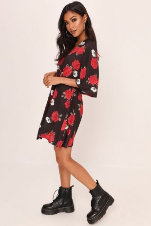 Black/Red Floral Print Wrap Front Mini Dress