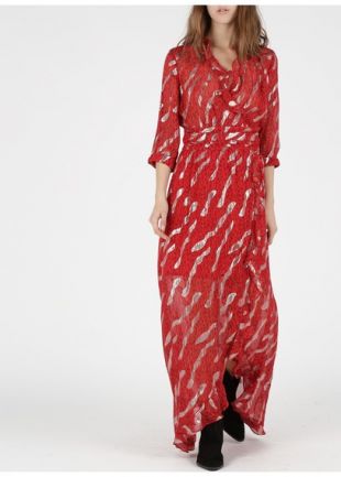 ROBE LONGUE PORTEFEUILLE EN SOIE IMPRIMÉE AVEC FILS MÉTALLISÉS ROUGE