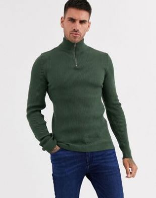 ASOS DESIGN - Pull moulant à larges bords-côtes avec demi-fermeture éclair - Kaki | ASOS