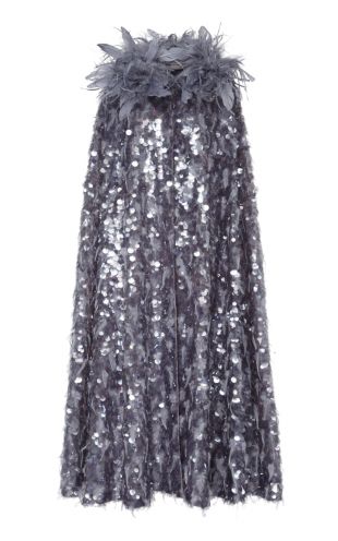 Sequin Embellished Feather Trimmed Silk Cape