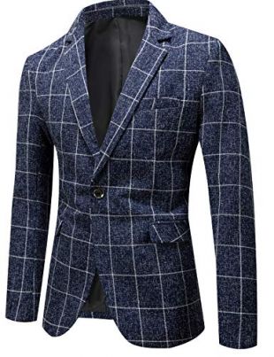 CHARTOU Men's Essential Slim Fit 1 Button Blazer Notched Collar Plaid Check Suit Jacket (X-Small, Blue)