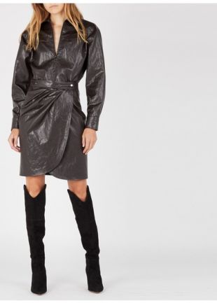 ROBE COURTE COL CLASSIQUE EN CUIR MARRON