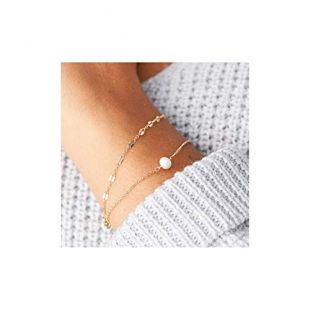 Gold Layered Pearl Bracelet,14K Gold Plated Cute Dainty Handmade Tiny Beaded Bracelet Delicate White Pearls Charm Simple Minimalist Lace Link Chain Bracelet for Women