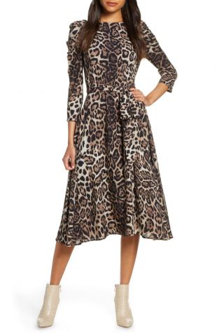Leopard Print Long Sleeve Midi Dress