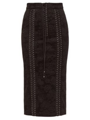 Lace-up floral-jacquard pencil skirt