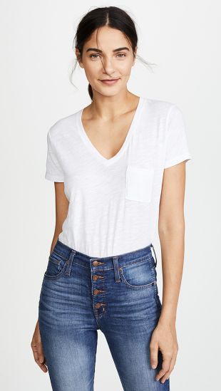 White Cotton V Neck Pocket Tee