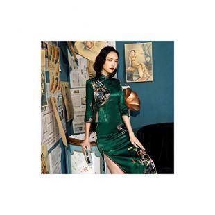 China Long Sleeve Cheongsam Fan Pattern Long Qipao Silk Plus Size Women Clothing,Green Classic Qipao,M