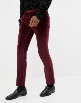 Super skinny velvet suit pants in burgundy