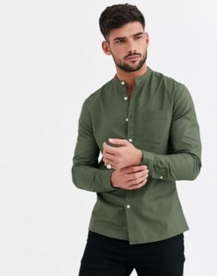 ASOS DESIGN - Chemise Oxford ajustée à col grand-père - Kaki | ASOS