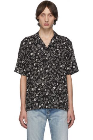 Saint Laurent - Black Graffiti Stars Shark Collar Short Sleeve Shirt