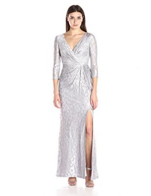 Adrianna Papell Women's Long Sleeve Wrap Lace Gown, Silver, 14