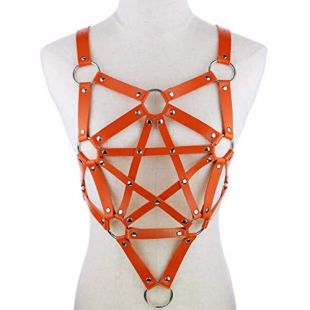 Halloween Women Harness Halter Pentagram Body Harness Bra Cage Bra Cupless Bra Crop Top Strappy Bralette (Orange)