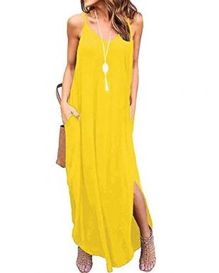 Kyerivs Women's Summer Casual Loose Dress Beach Cover Up Long Cami Maxi Dresses with Pocket_Neon Yellow_M