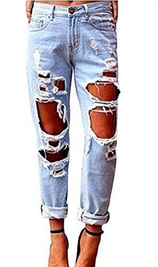 Wisptime Women Jeans Skinny Ripped Distressed Jeans Stretch Pants Boyfriend Trousers Light Blue