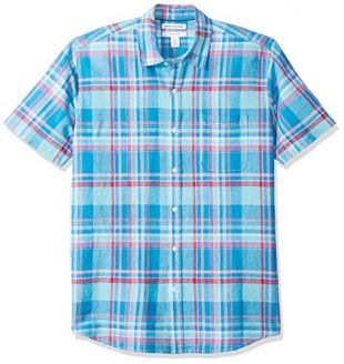 Amazon Essentials Men's Regular-Fit Short-Sleeve Linen Cotton Shirt, Aqua Plaid, XX-Large
