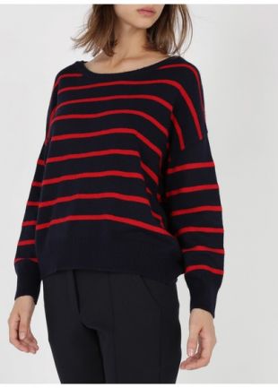 PULL COL ROND RAYÉ À MANCHES LONGUES MARINE