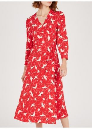 ROBE MIDI CACHE-COEUR IMPRIMÉE EN CRÊPE ROUGE