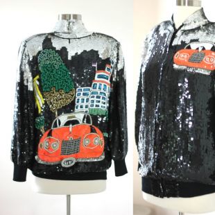 Unique LIzzo Car Sequin Bomber Jacket// Beaded embellished Size Medium