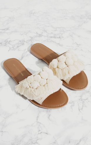 Cream Pom Pom Sandals