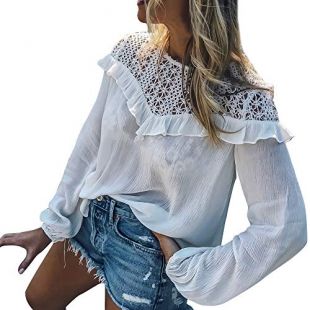 Tonsee Chemise de Femme, Automne Hiver Casual Dentelle Patchwork Creux Volant V Cou en Mousseline De Soie Cherie Crochet Dentelle Haut Blouse