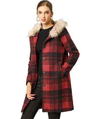 Allegra K Women's Single Breasted Winter Coat Plaids Long Trench Coat with Hood