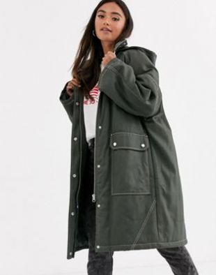 Parka enduite avec coutures contrastantes - Kaki