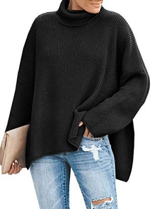 Ybenlow Womens Turtleneck Sweaters Batwing Sleeve Ribbed Loose Side Slit Oversized Pullover Knit Jumper Tops