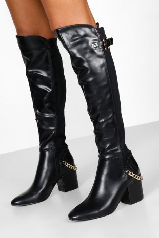 Croc Panel Block Heel Knee Boots | Boohoo