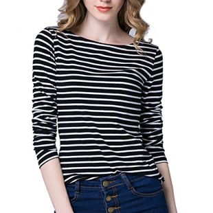 Tulucky Women's Casual Long Sleeve Shirts Stripe Tees Round Neck Tank Tops (S, Black)
