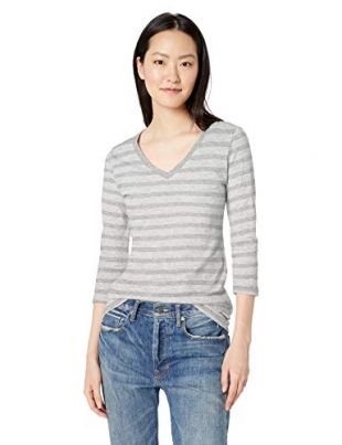 Amazon Brand - Daily Ritual Women's Lived-in Cotton Slub 3/4-Sleeve V-Neck T-Shirt, Grey Stripe, XX-Large