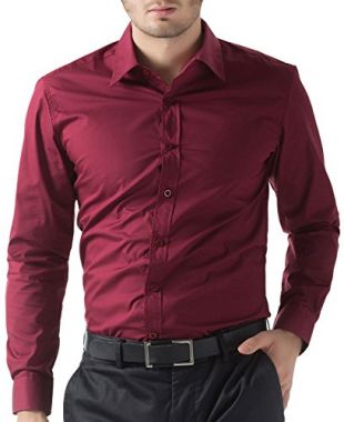 Paul JonesMen's Shirt Casual Slim Fit Dress Shirt For Men Wine Red (L) KL-4 CL1044