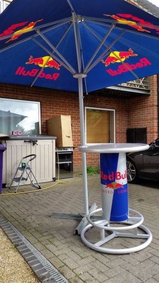 Secondhand Pub Equipment | Outdoor Furniture | Red Bull Poseur Tables and Parasol / Umbrella / Sun Shades   Hitchin, Hertfordshire 