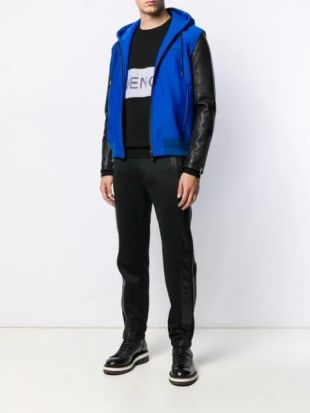 Leather sleeve hooded jacket