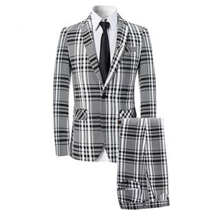 Mens 3 Piece Suit Check Plaid Slim fit One Button Formal Dress Blazer Jacket Tux Vest & Trousers Black