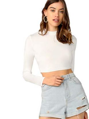 Verdusa Women's Casual Slim Fitted Basic Long Sleeve Solid Crop Tee Top White M