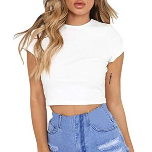 FimKaul Womens Basic White Short Sleeve Crop Top O-Neck Short Tee T-Shirt